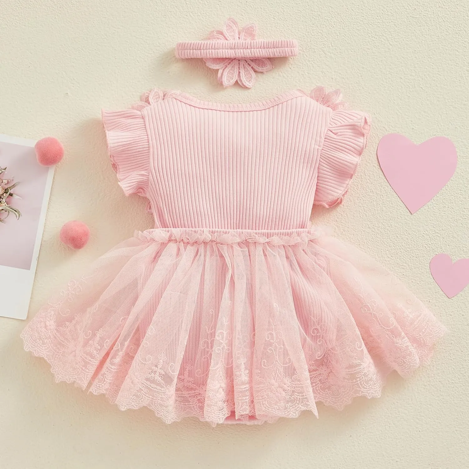 Karwuiio Newborn Baby Girl Romper Dress Short Sleeve Mesh Tutu Dress Baby Girls Lace Mesh Jumpsuits with Headband
