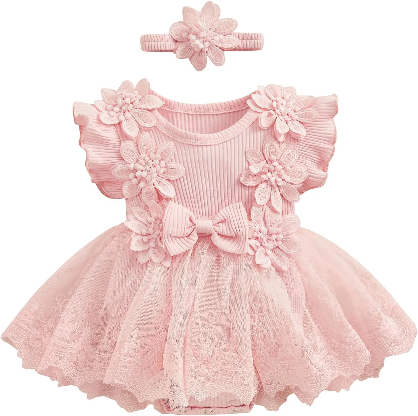 Karwuiio Newborn Baby Girl Romper Dress Short Sleeve Mesh Tutu Dress Baby Girls Lace Mesh Jumpsuits with Headband
