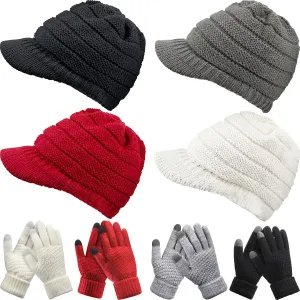 Kenning 4 Sets Winter Hats & Gloves Women's Knit Beanie, Brim Hat, Warm Fleece Lined Knit Gloves, Snow Ski Beanie - Black, White, Gray, Wine Red, One Size-X-Small
