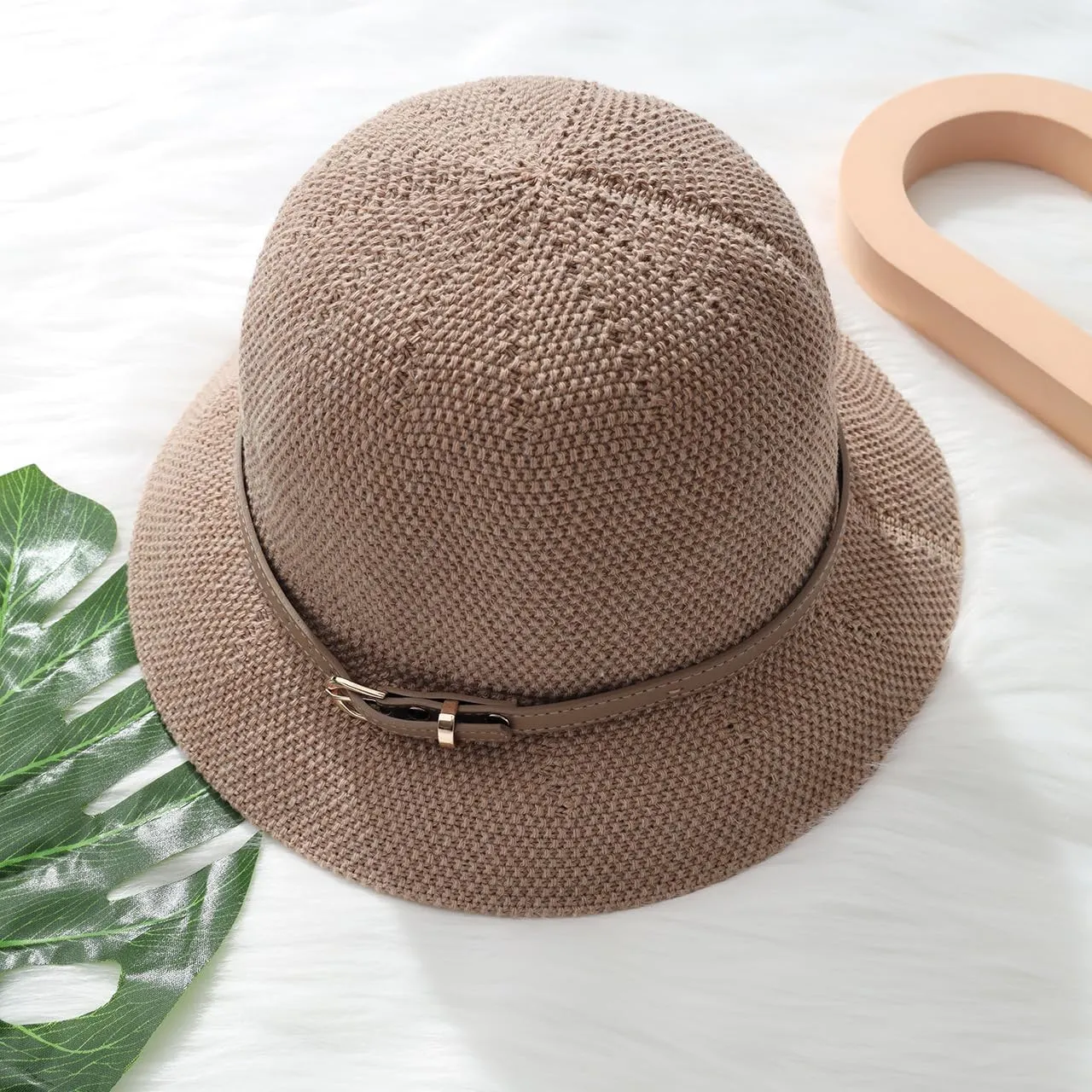 Khaki Mesh Woven Foldable Packable Crochet Beach Hats for Women Summer Hat, Floppy Wide Brim Hats for Women