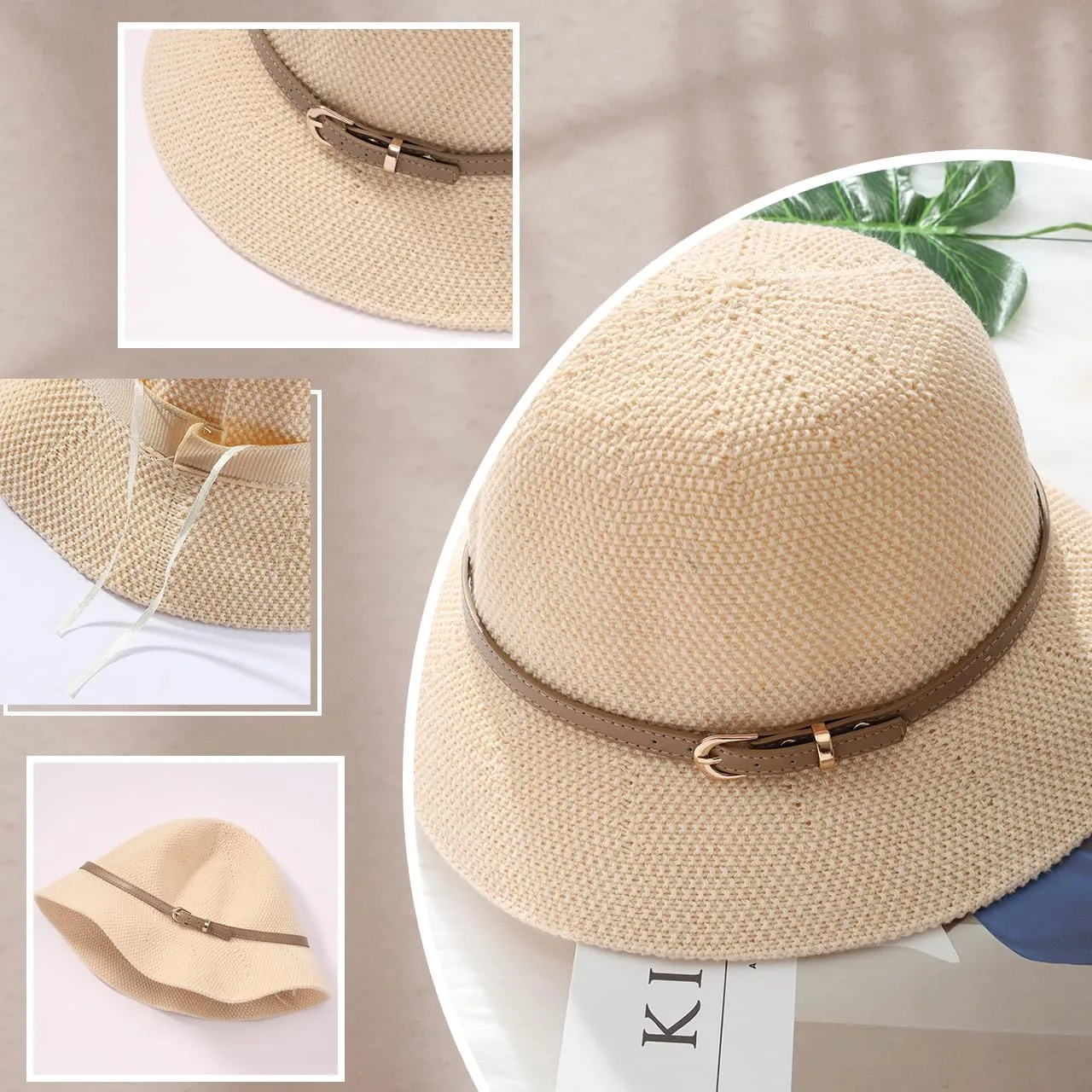 Khaki Mesh Woven Foldable Packable Crochet Beach Hats for Women Summer Hat, Floppy Wide Brim Hats for Women