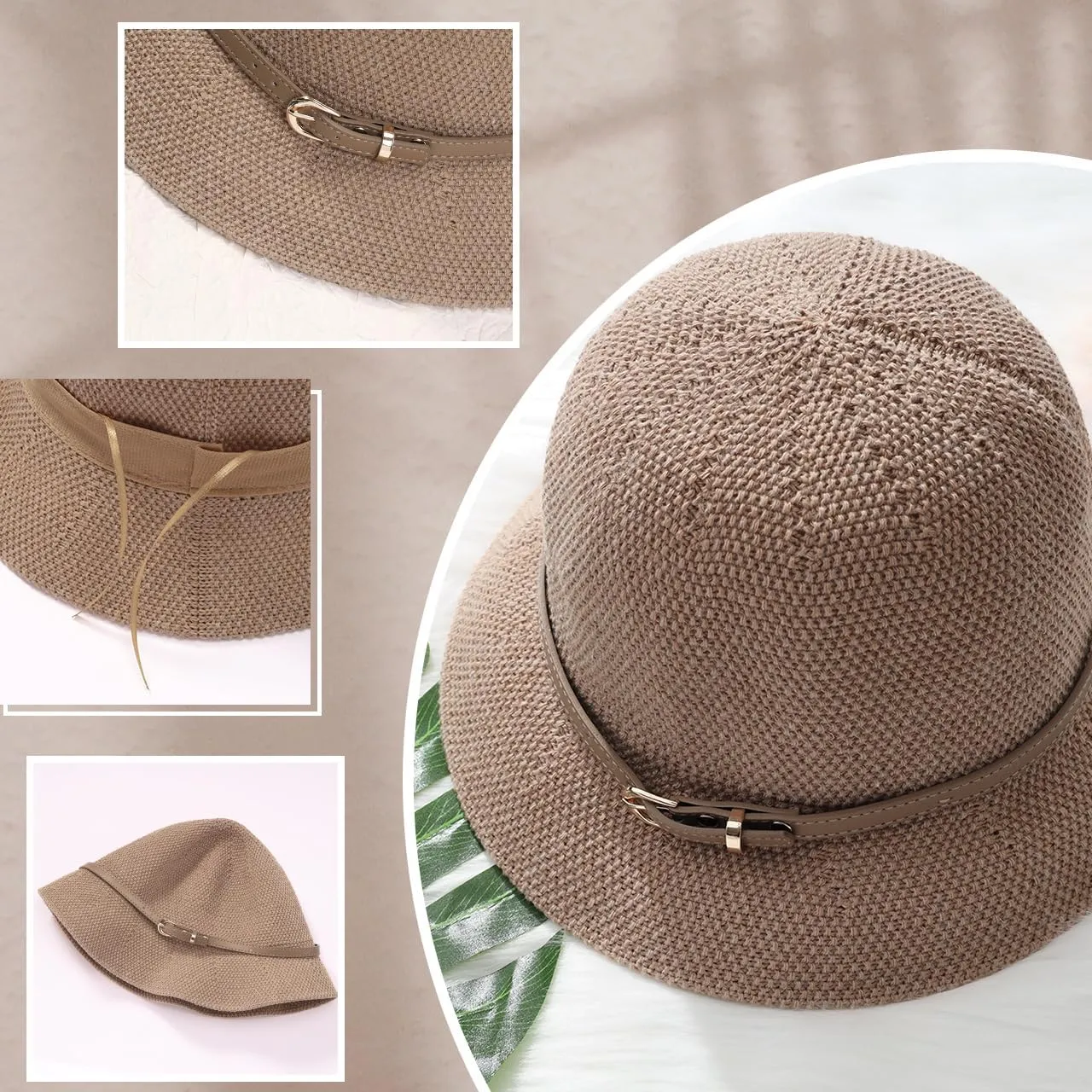 Khaki Mesh Woven Foldable Packable Crochet Beach Hats for Women Summer Hat, Floppy Wide Brim Hats for Women