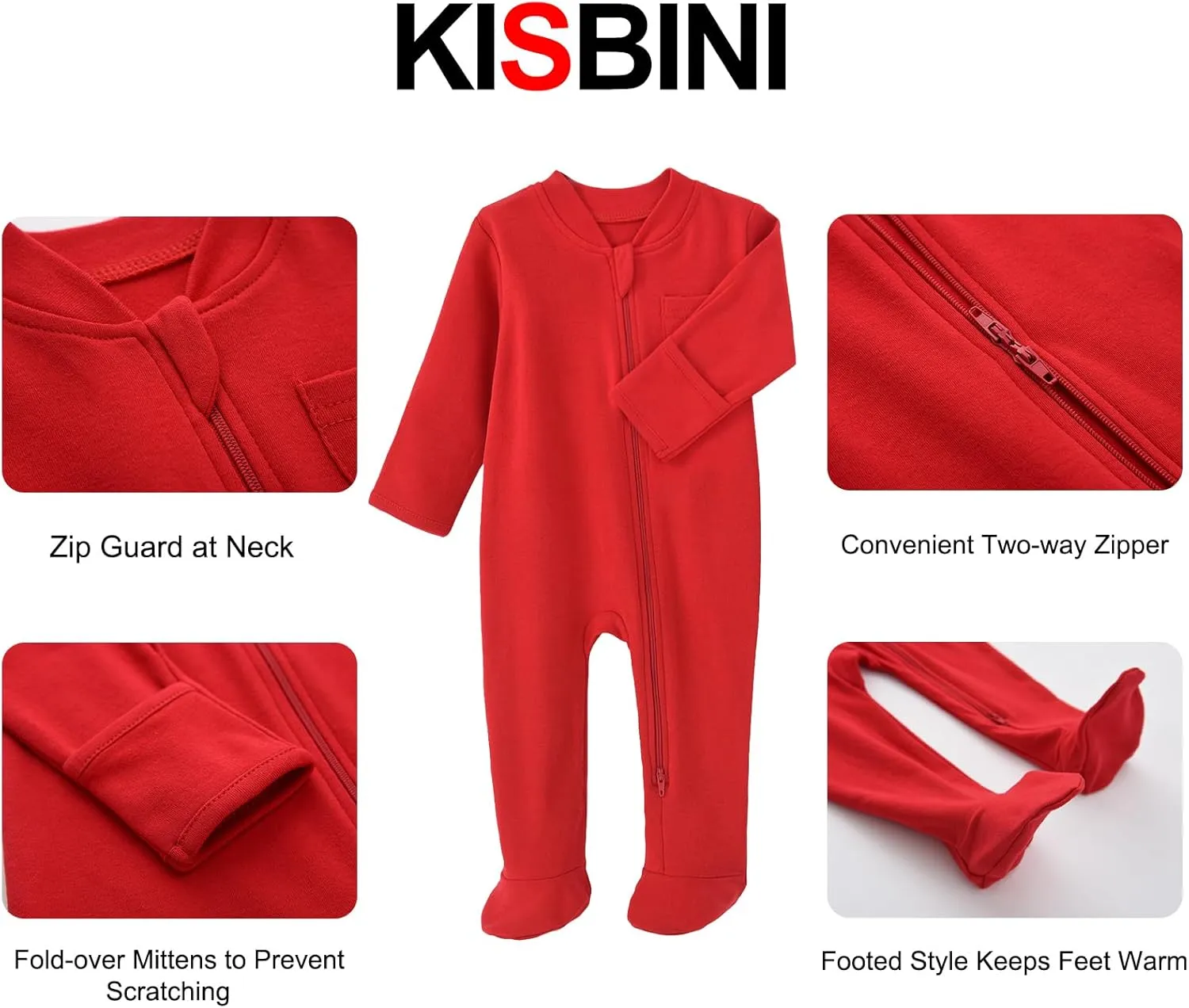 KISBINI Baby Kids Sleep and Play, Baby Cotton Pajamas with Mitten Cuffs, 2 Way Zipper Footed Sleeper Newborn-12 Months