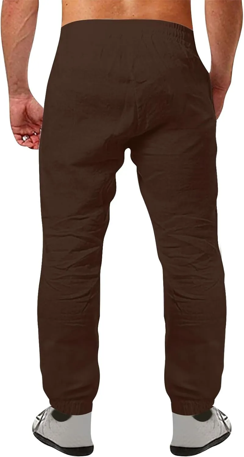 Linen Pants Men Summer Casual Drawstring Low Rise Elastic Waist Pants Lightweight Comfy Loose Yoga Long Beach Trousers