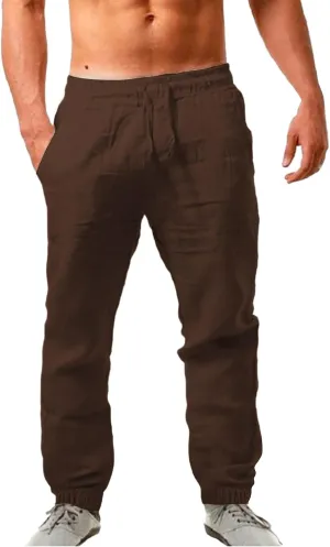 Linen Pants Men Summer Casual Drawstring Low Rise Elastic Waist Pants Lightweight Comfy Loose Yoga Long Beach Trousers