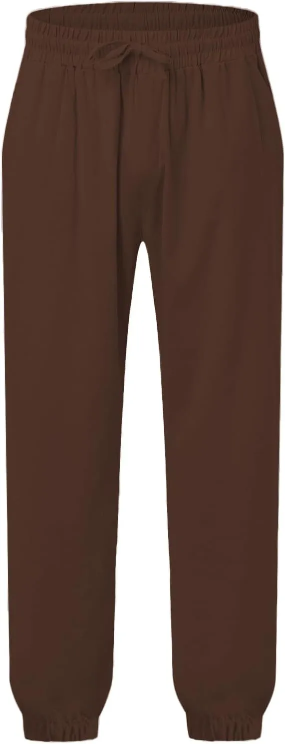 Linen Pants Men Summer Casual Drawstring Low Rise Elastic Waist Pants Lightweight Comfy Loose Yoga Long Beach Trousers