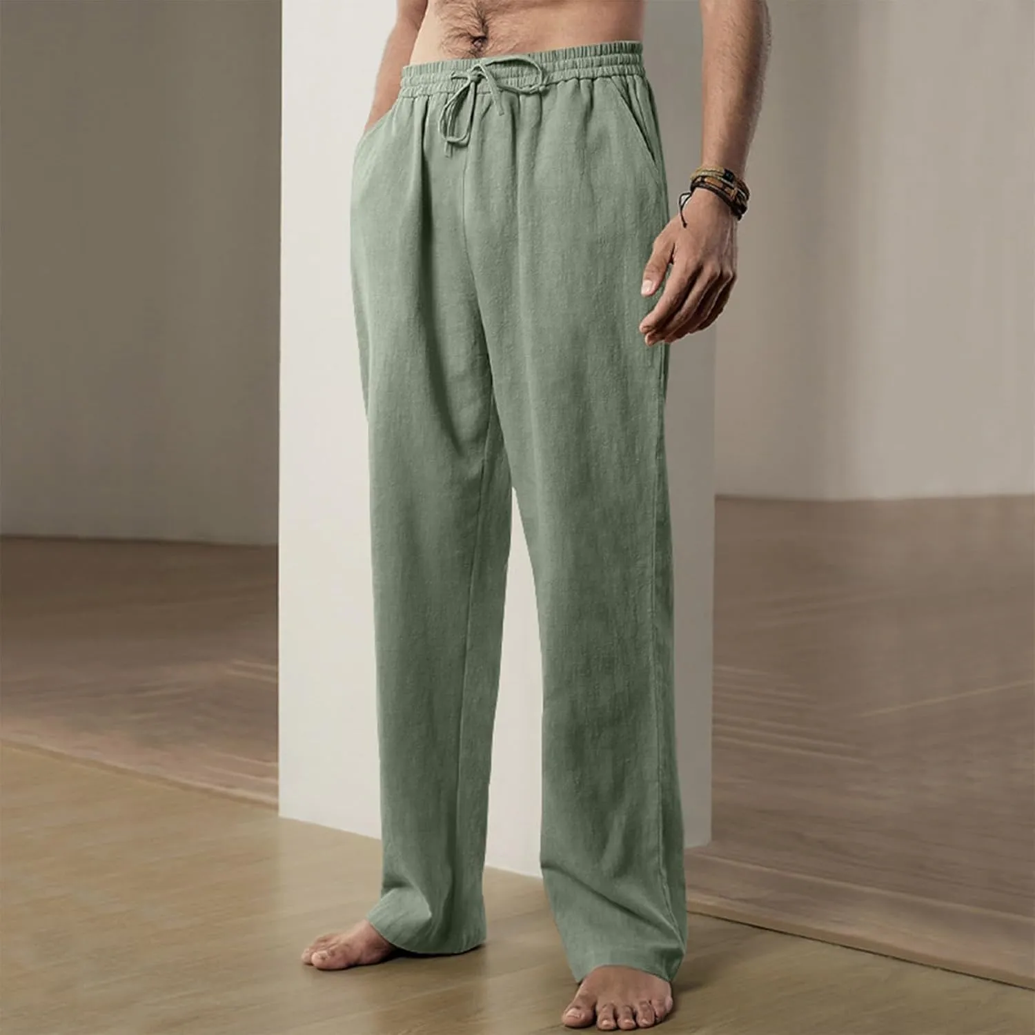 Linen Pants Men Summer Causal Comfy Big and Tall Elastic Waist Pants Lightweight Cotton Lounge Pants with Pockets