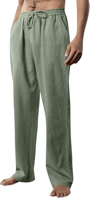 Linen Pants Men Summer Causal Comfy Big and Tall Elastic Waist Pants Lightweight Cotton Lounge Pants with Pockets