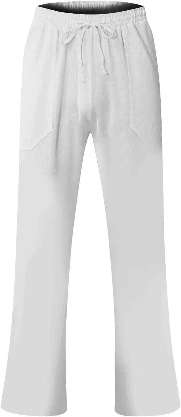 Linen Pants Men Summer Causal Comfy Big and Tall Elastic Waist Pants Lightweight Cotton Lounge Pants with Pockets
