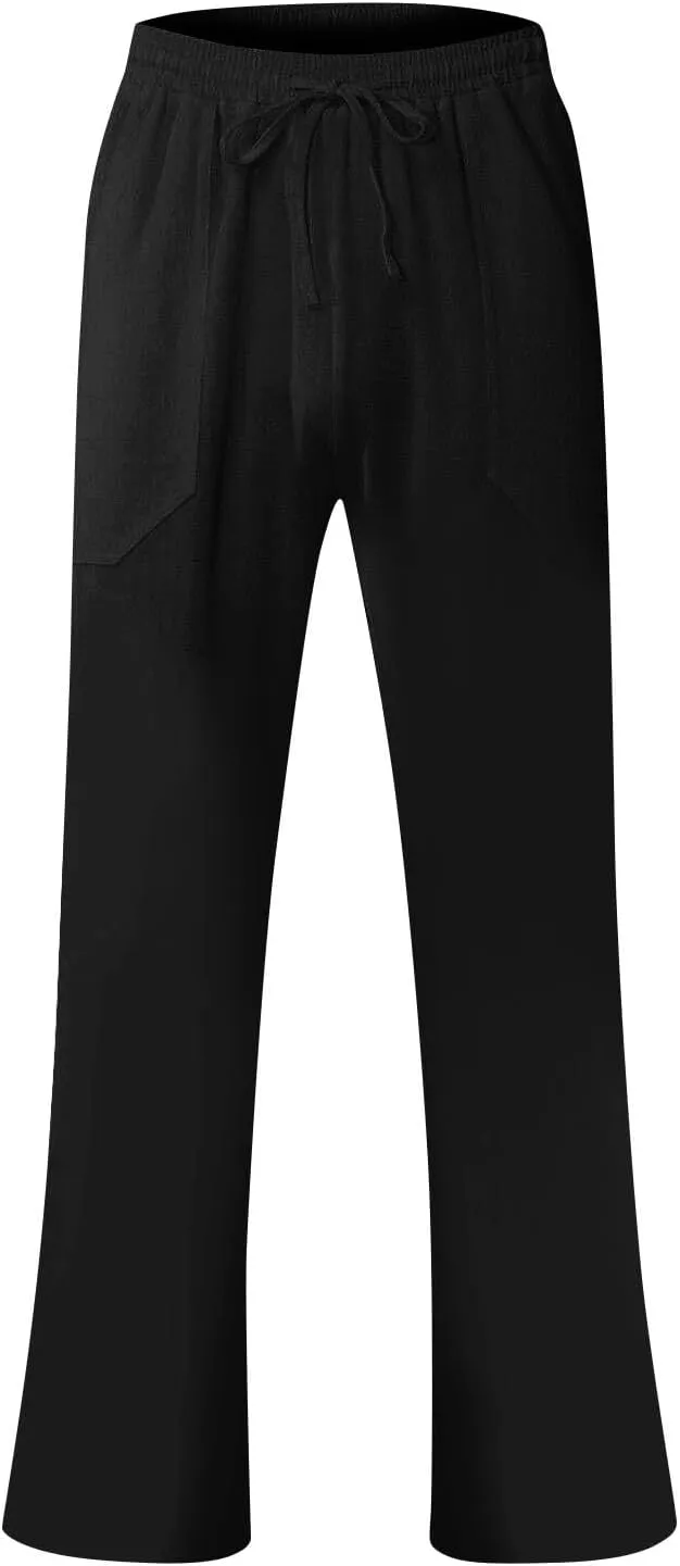 Linen Pants Men Summer Causal Comfy Big and Tall Elastic Waist Pants Lightweight Cotton Lounge Pants with Pockets
