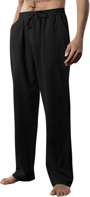 Linen Pants Men Summer Causal Comfy Big and Tall Elastic Waist Pants Lightweight Cotton Lounge Pants with Pockets