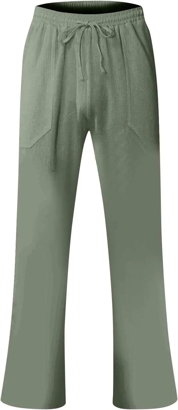 Linen Pants Men Summer Causal Comfy Big and Tall Elastic Waist Pants Lightweight Cotton Lounge Pants with Pockets