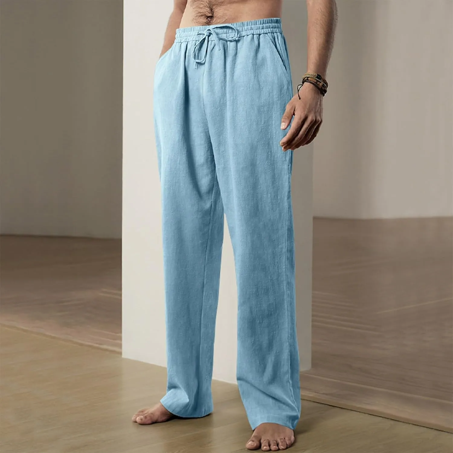 Linen Pants Men Summer Causal Comfy Big and Tall Elastic Waist Pants Lightweight Cotton Lounge Pants with Pockets