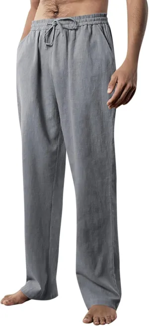 Linen Pants Men Summer Causal Comfy Big and Tall Elastic Waist Pants Lightweight Cotton Lounge Pants with Pockets