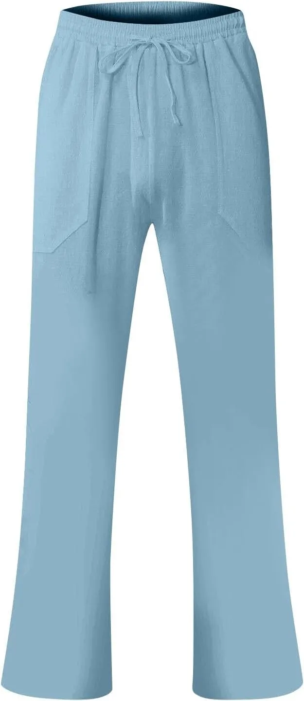 Linen Pants Men Summer Causal Comfy Big and Tall Elastic Waist Pants Lightweight Cotton Lounge Pants with Pockets