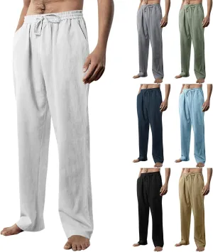 Linen Pants Men Summer Causal Comfy Big and Tall Elastic Waist Pants Lightweight Cotton Lounge Pants with Pockets
