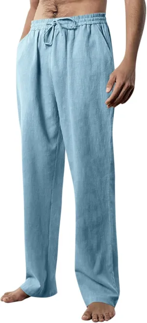 Linen Pants Men Summer Causal Comfy Big and Tall Elastic Waist Pants Lightweight Cotton Lounge Pants with Pockets