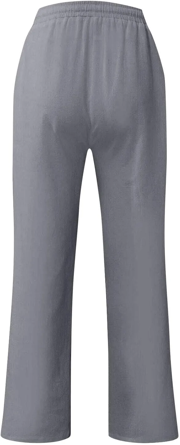 Linen Pants Men Summer Causal Comfy Big and Tall Elastic Waist Pants Lightweight Cotton Lounge Pants with Pockets