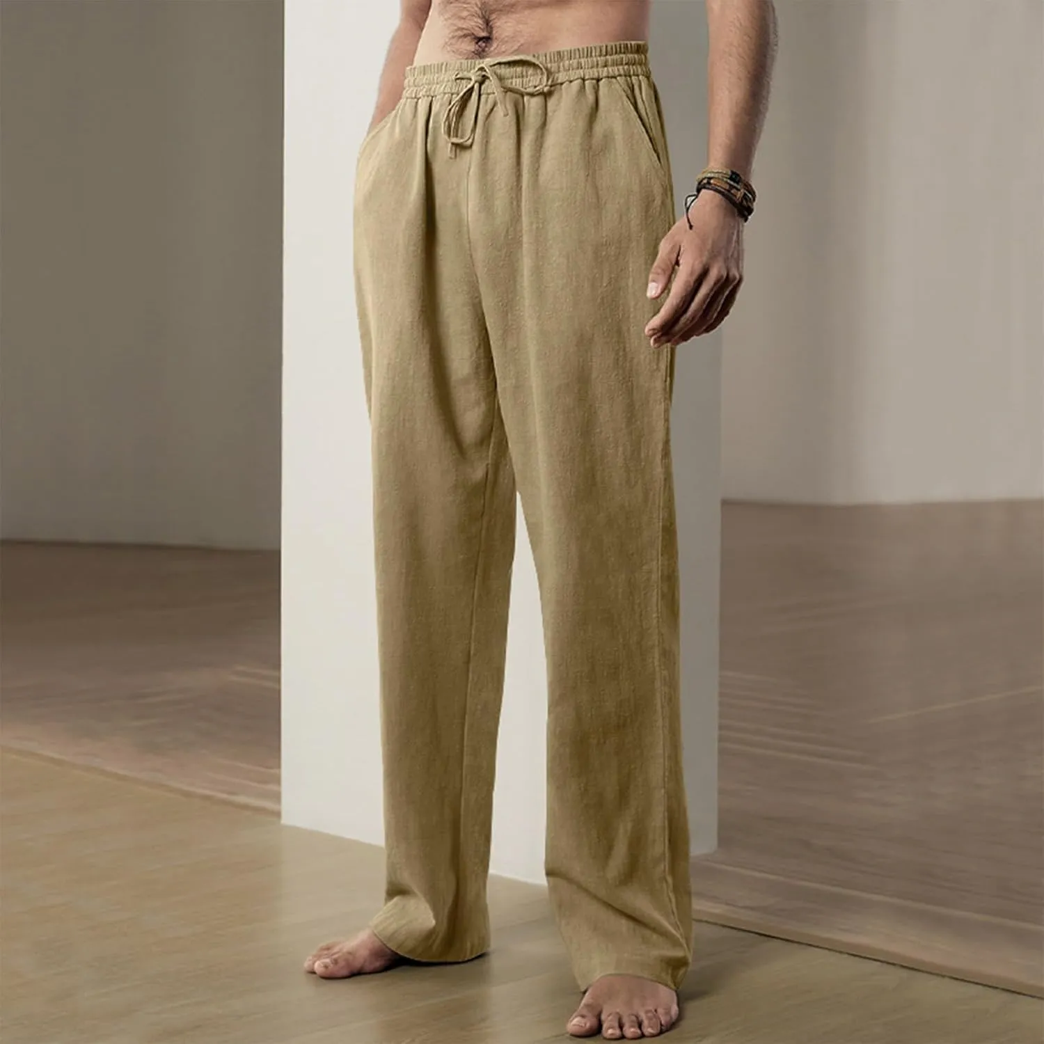Linen Pants Men Summer Causal Comfy Big and Tall Elastic Waist Pants Lightweight Cotton Lounge Pants with Pockets