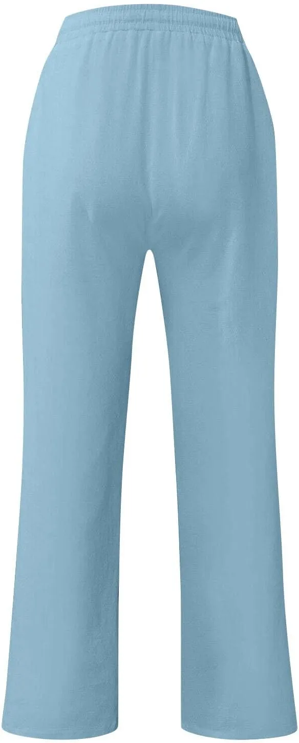 Linen Pants Men Summer Causal Comfy Big and Tall Elastic Waist Pants Lightweight Cotton Lounge Pants with Pockets
