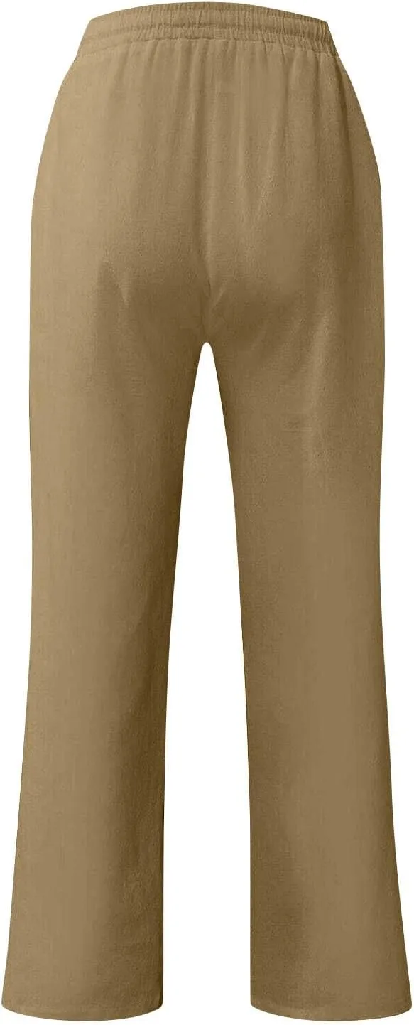 Linen Pants Men Summer Causal Comfy Big and Tall Elastic Waist Pants Lightweight Cotton Lounge Pants with Pockets