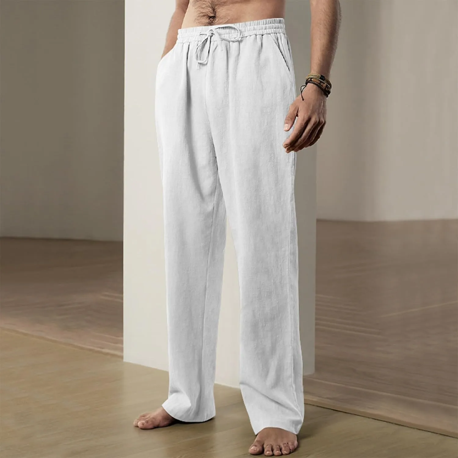 Linen Pants Men Summer Causal Comfy Big and Tall Elastic Waist Pants Lightweight Cotton Lounge Pants with Pockets