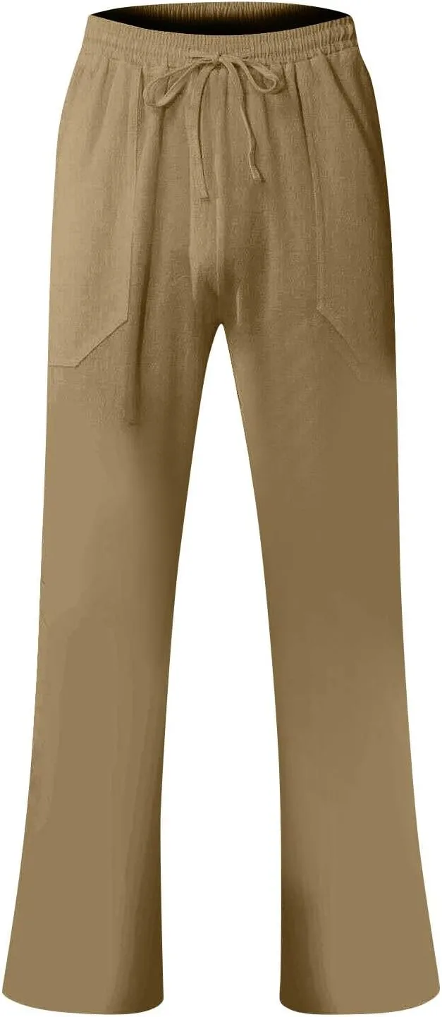 Linen Pants Men Summer Causal Comfy Big and Tall Elastic Waist Pants Lightweight Cotton Lounge Pants with Pockets