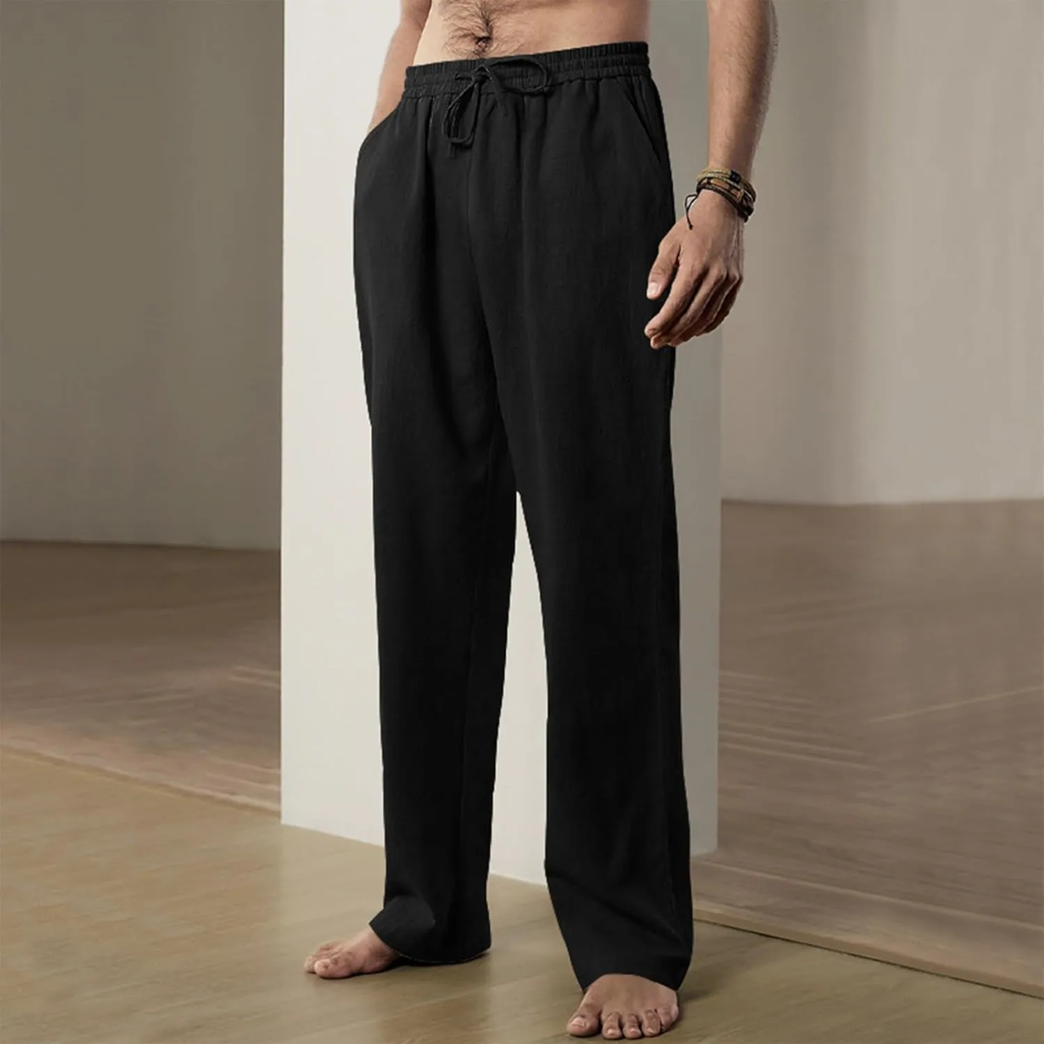 Linen Pants Men Summer Causal Comfy Big and Tall Elastic Waist Pants Lightweight Cotton Lounge Pants with Pockets