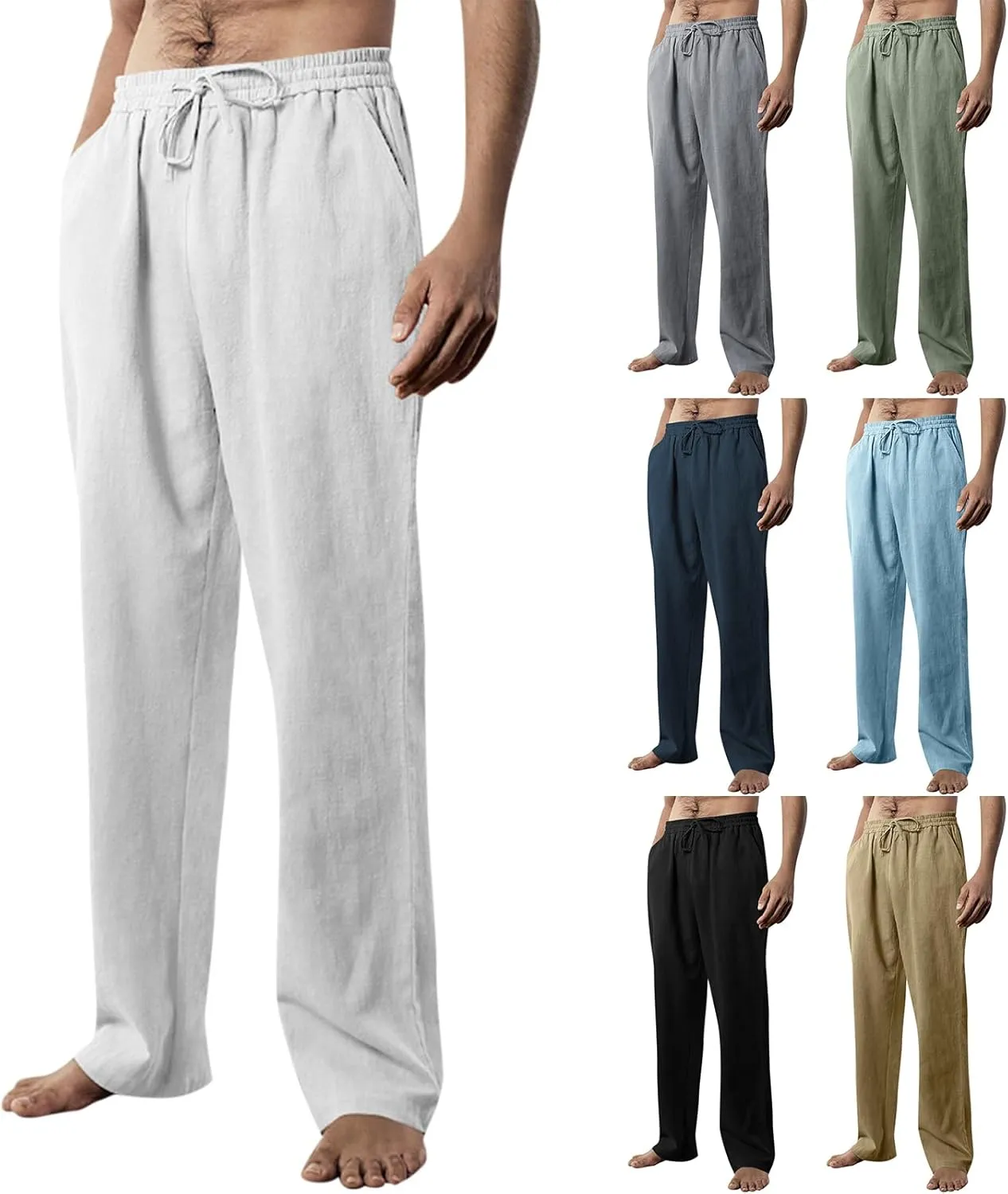 Linen Pants Men Summer Causal Comfy Big and Tall Elastic Waist Pants Lightweight Cotton Lounge Pants with Pockets
