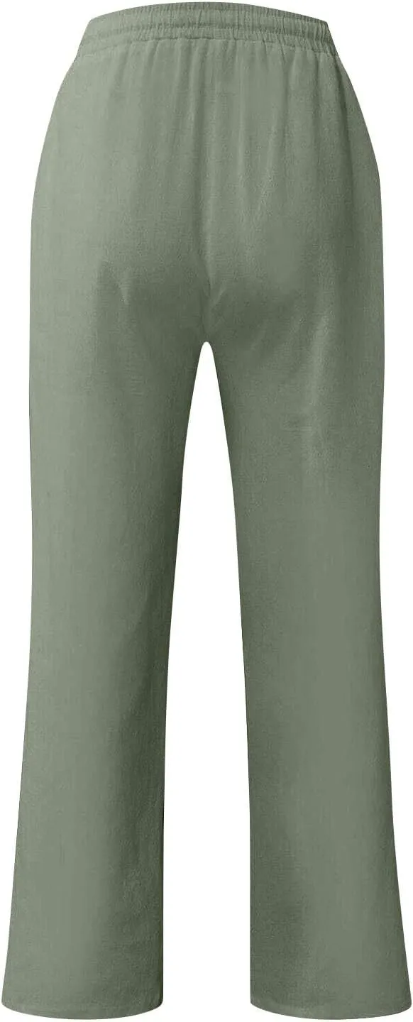 Linen Pants Men Summer Causal Comfy Big and Tall Elastic Waist Pants Lightweight Cotton Lounge Pants with Pockets