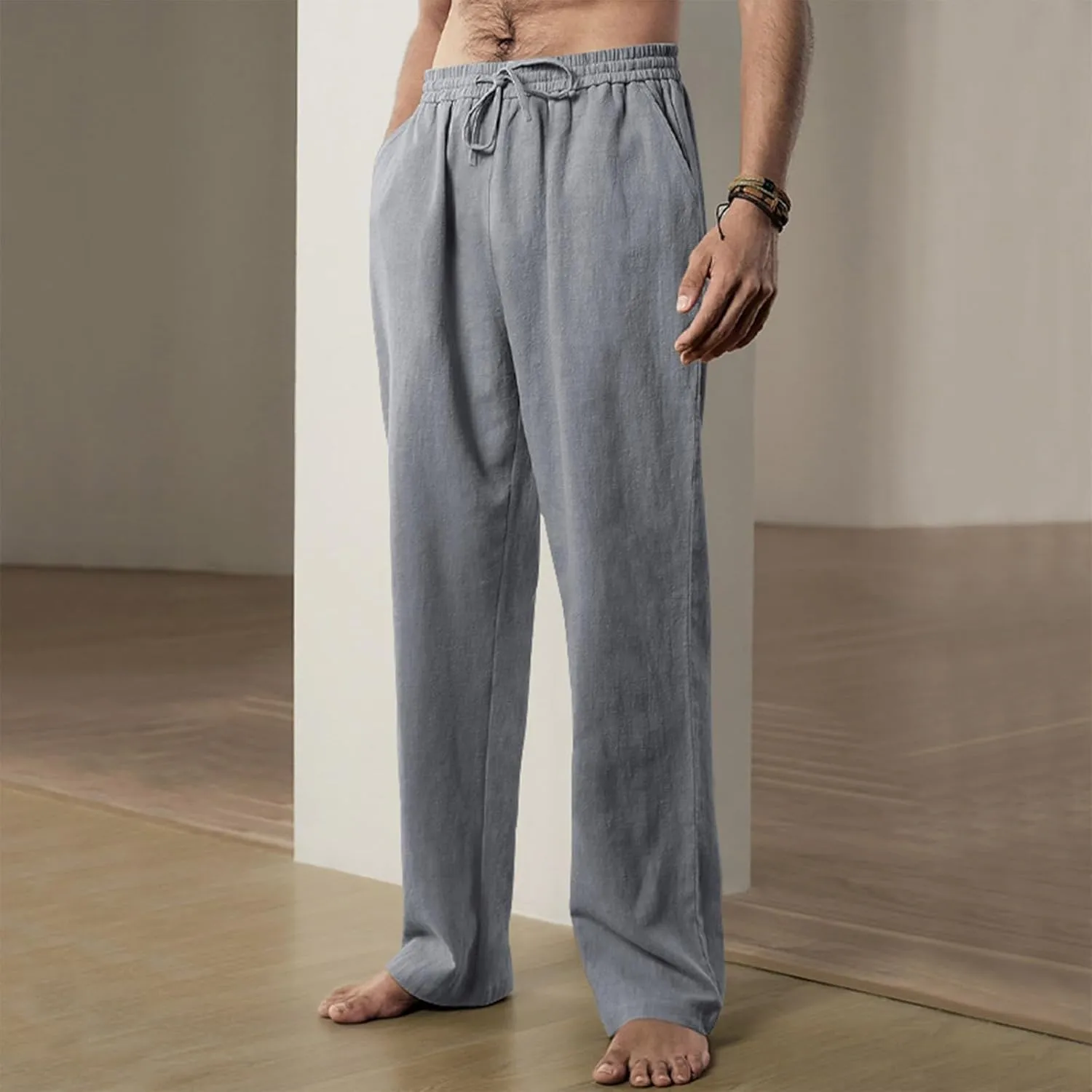 Linen Pants Men Summer Causal Comfy Big and Tall Elastic Waist Pants Lightweight Cotton Lounge Pants with Pockets