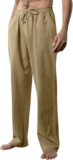 Linen Pants Men Summer Causal Comfy Big and Tall Elastic Waist Pants Lightweight Cotton Lounge Pants with Pockets