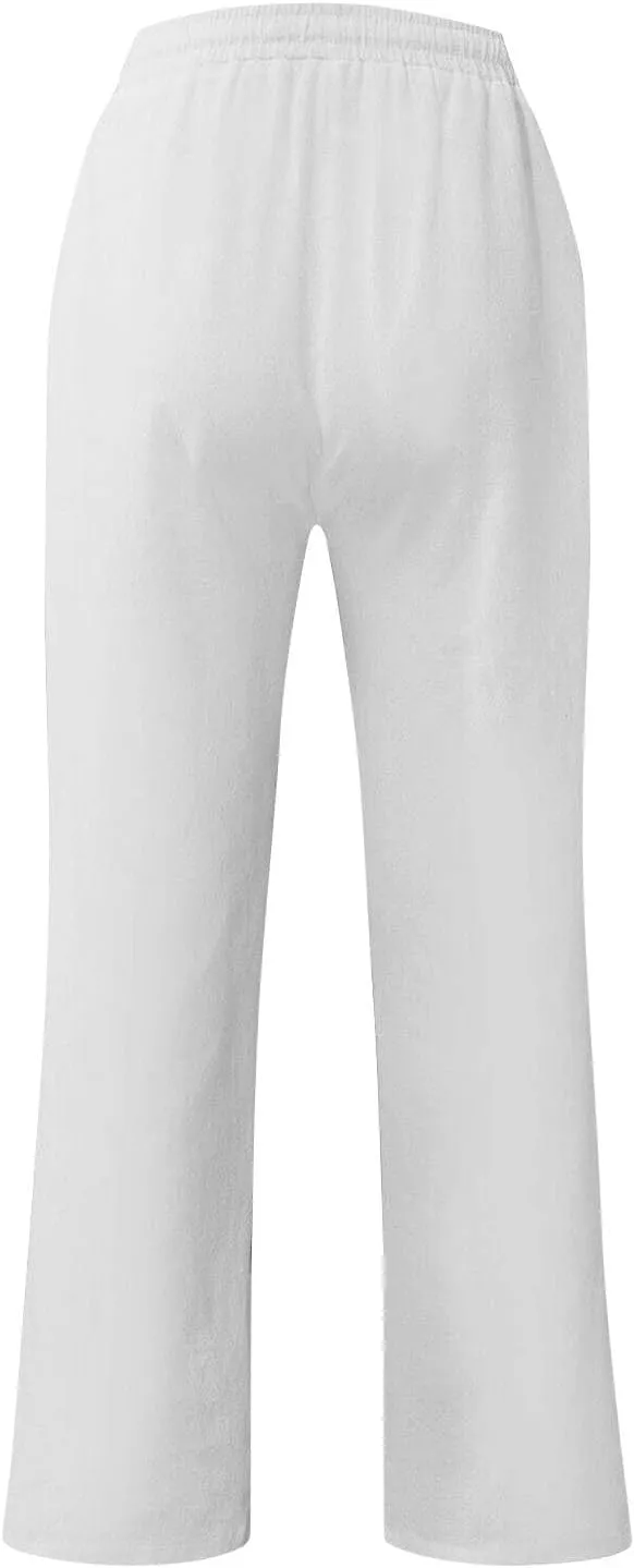 Linen Pants Men Summer Causal Comfy Big and Tall Elastic Waist Pants Lightweight Cotton Lounge Pants with Pockets