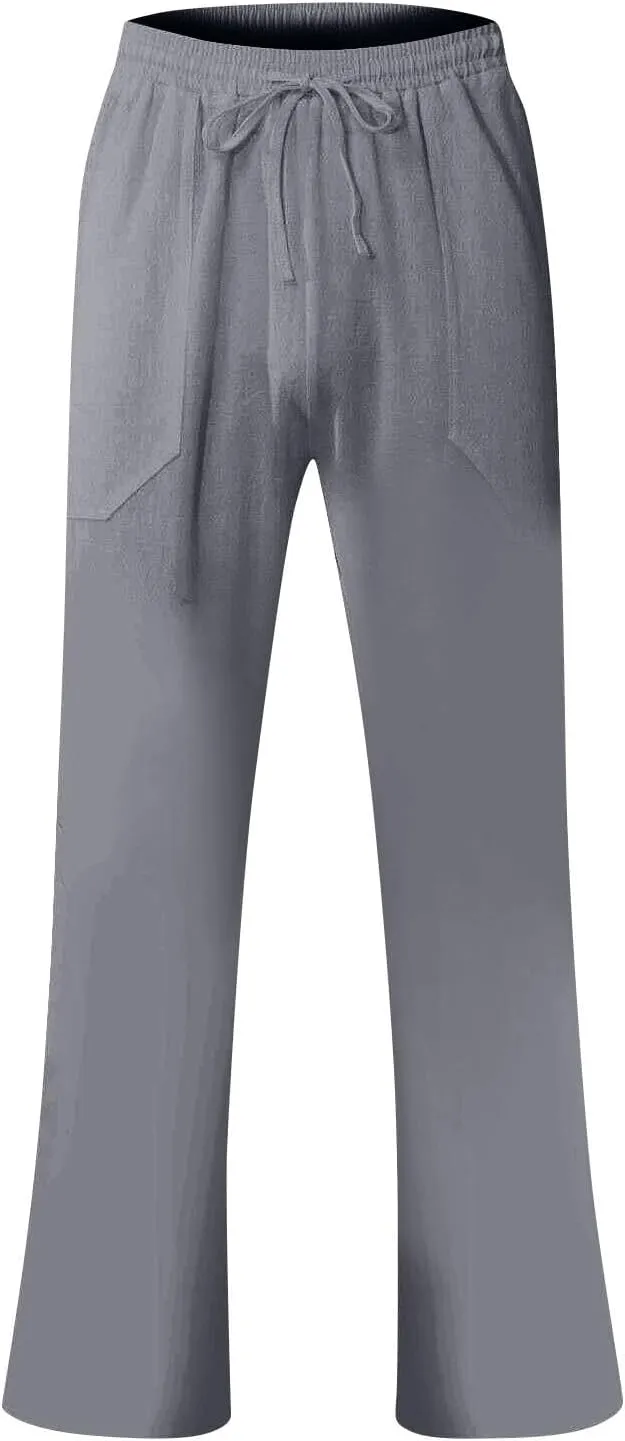 Linen Pants Men Summer Causal Comfy Big and Tall Elastic Waist Pants Lightweight Cotton Lounge Pants with Pockets