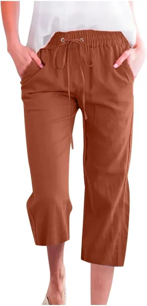 Linen Pants Women Drawstring Elastic High Waist Capri Pants Summer Straight Solid Color with Pockets