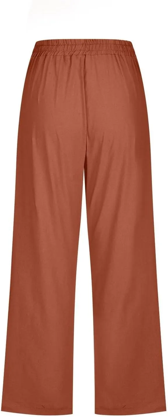 Linen Pants Women Drawstring Elastic High Waist Capri Pants Summer Straight Solid Color with Pockets