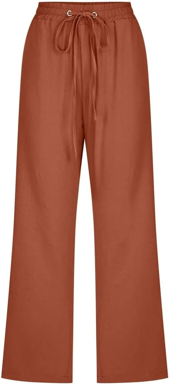 Linen Pants Women Drawstring Elastic High Waist Capri Pants Summer Straight Solid Color with Pockets