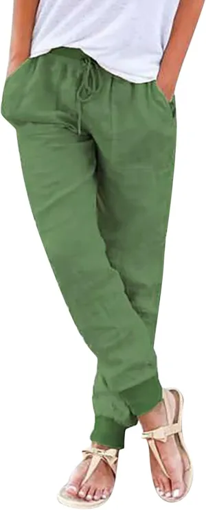 Linen Pants Women Summer Casual Trousers Elastic Waist Pants 2025 Lightweight Joggers with Pockets