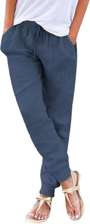 Linen Pants Women Summer Casual Trousers Elastic Waist Pants 2025 Lightweight Joggers with Pockets