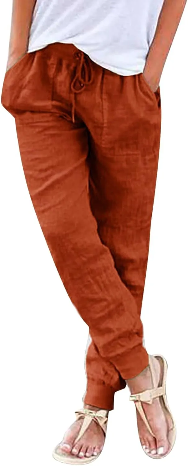 Linen Pants Women Summer Casual Trousers Elastic Waist Pants 2025 Lightweight Joggers with Pockets