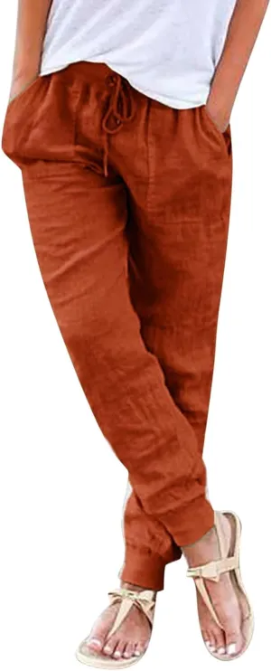 Linen Pants Women Summer Casual Trousers Elastic Waist Pants 2025 Lightweight Joggers with Pockets
