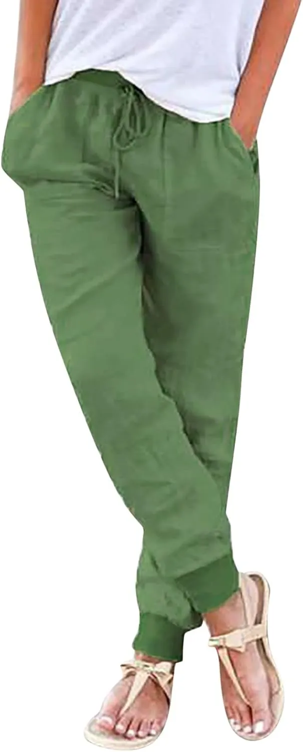 Linen Pants Women Summer Casual Trousers Elastic Waist Pants 2025 Lightweight Joggers with Pockets
