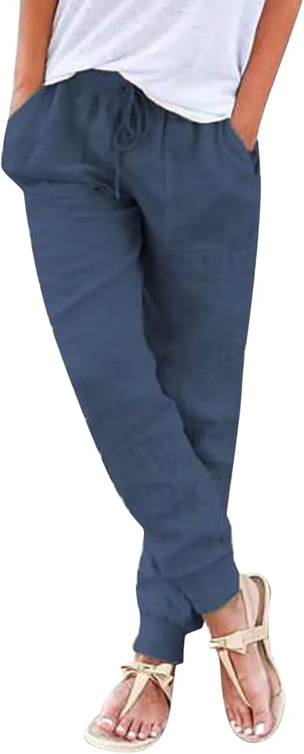 Linen Pants Women Summer Casual Trousers Elastic Waist Pants 2025 Lightweight Joggers with Pockets