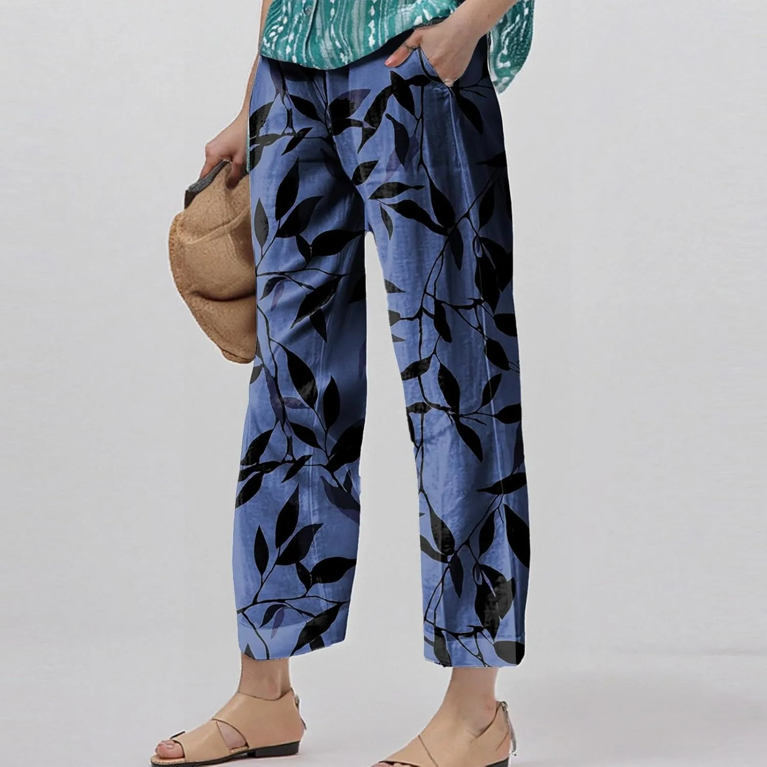 Linen Tall Pants for Women Summer Loose Fit Elastic Waist Wide Leg Pants Soft High Waist Straight Floral Print Outfits