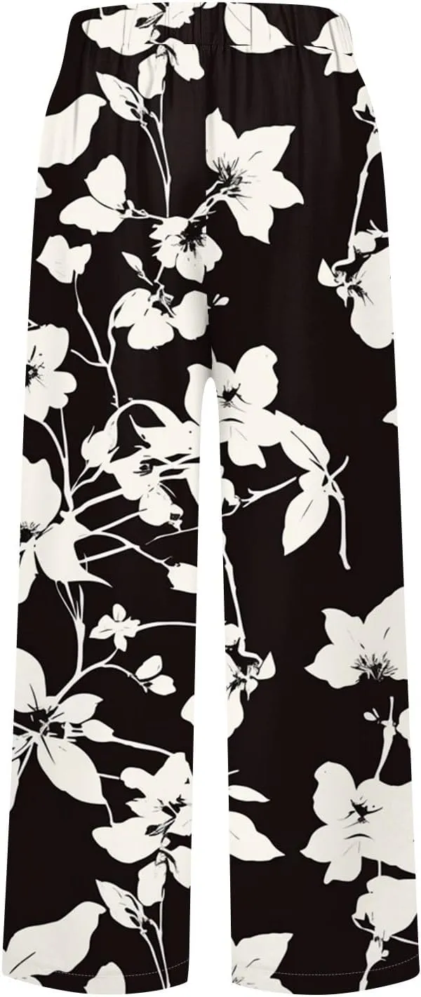 Linen Tall Pants for Women Summer Loose Fit Elastic Waist Wide Leg Pants Soft High Waist Straight Floral Print Outfits