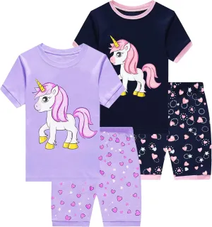 Little Girls Short Pajamas Toddler Summer Short Sets 4 Pieces Pjs Set Kids Unicorn Sleepwear Cotton Jammies Clothes 1-7T