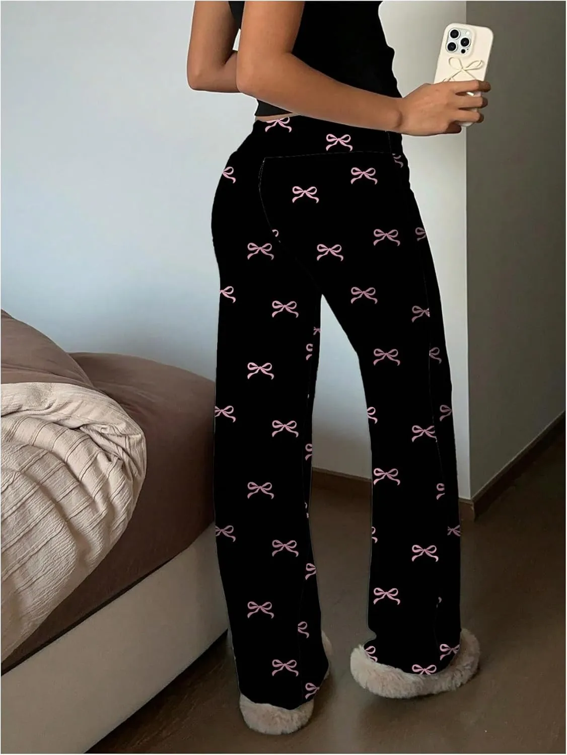 MakeMeChic Women's Bow Elastic Waist Pants Drawstring Straight Leg Y2k Trousers