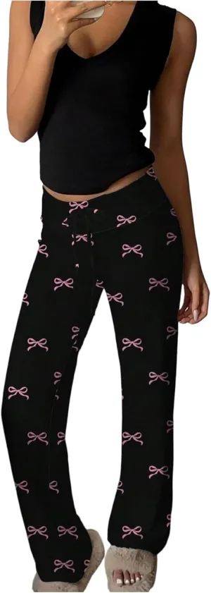MakeMeChic Women's Bow Elastic Waist Pants Drawstring Straight Leg Y2k Trousers