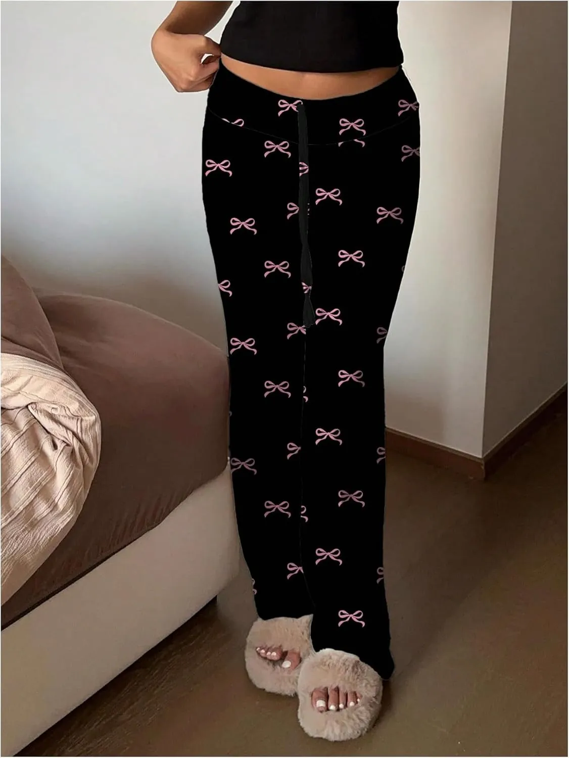 MakeMeChic Women's Bow Elastic Waist Pants Drawstring Straight Leg Y2k Trousers