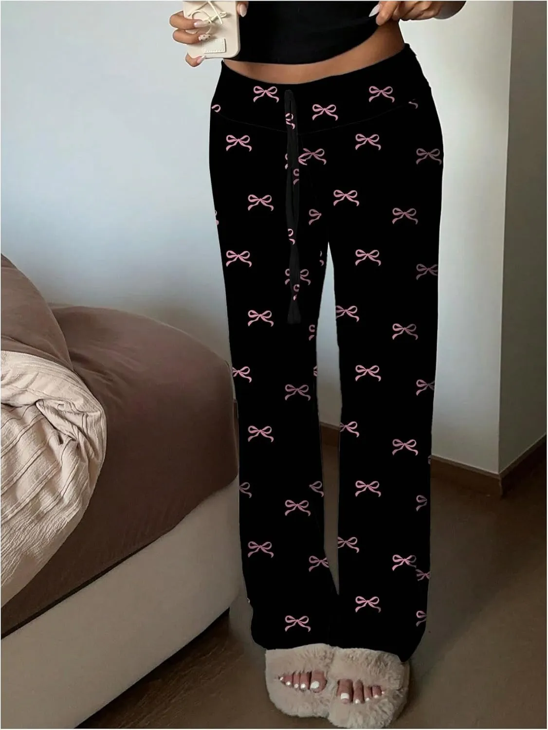 MakeMeChic Women's Bow Elastic Waist Pants Drawstring Straight Leg Y2k Trousers